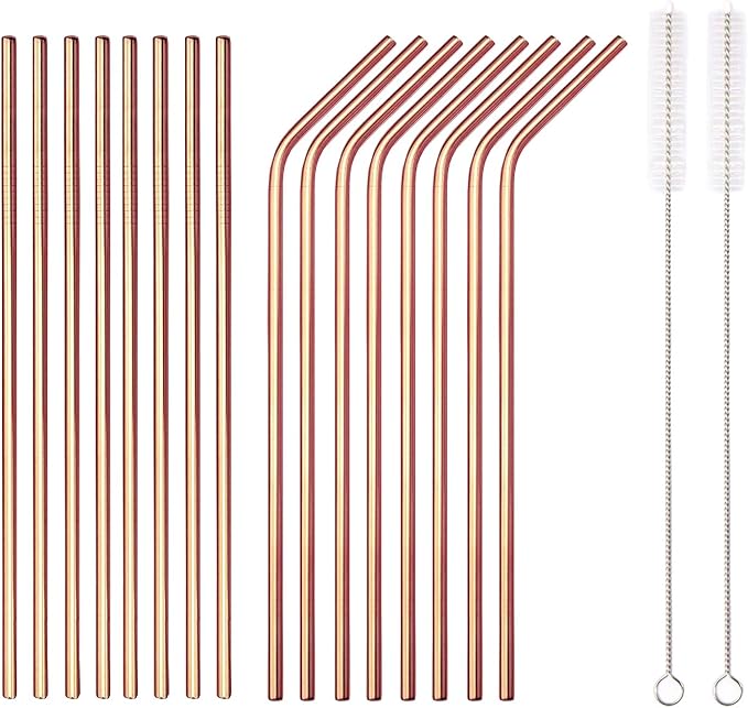18 Piece Copper Stainless Steel Straws, 8.5 '' Reusable Rose Gold Drinking Straws,with Portable Pouch (8 Straight/8 Bent/2 Brushes)