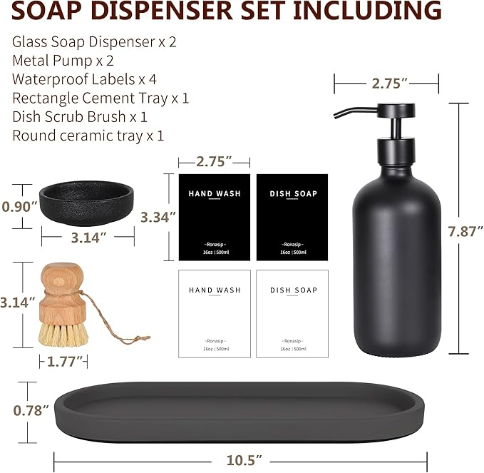 Ronasip Set of 5 Kitchen Soap Dispenser Set 16 Oz Glass Hand Dish Soap Dispenser with Stainless Steel Pump, Cement Tray, Dish Scrub Brush for Farmhouse Rustic Home Bathroom Decor (Black)