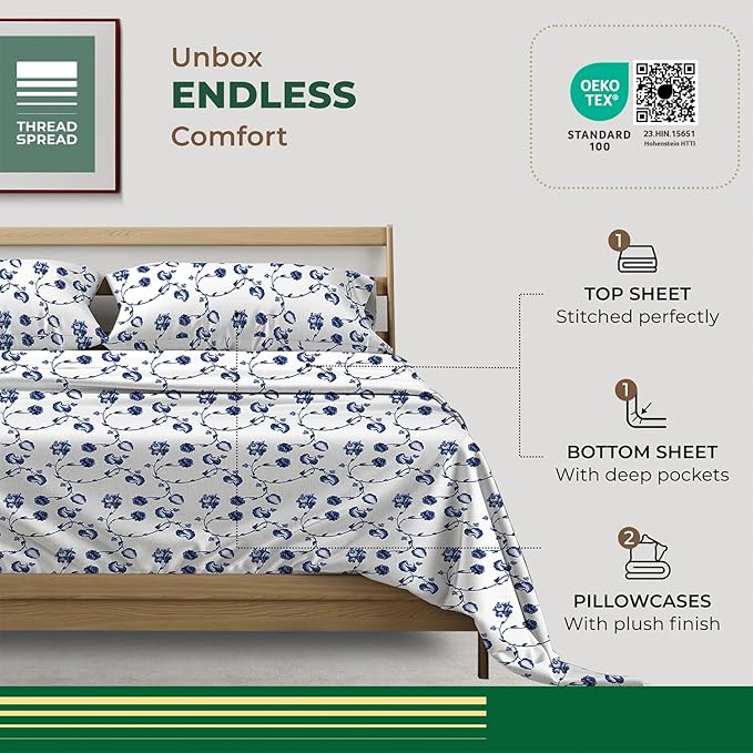 THREAD SPREAD 100% Organic Cotton Sheets California King Size - Organic Cotton Cal King Size Percale Sheet Set (4 PC, Floral Blue), Soft, Cooling & Crisp, 16" Deep Pocket Hotel Quality Bedding Set