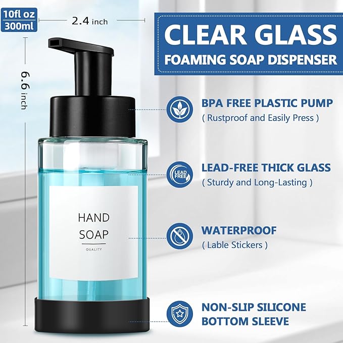 RYTOXILO Foaming Soap Dispenser, 10 oz/300ml Foaming Hand Soap Dispenser, 2 Pack Glass Dispenser with 2 Non-Slip Silicone Bottom Sleeve, Refillable Foam Dispenser for Bathroom & Kitchen