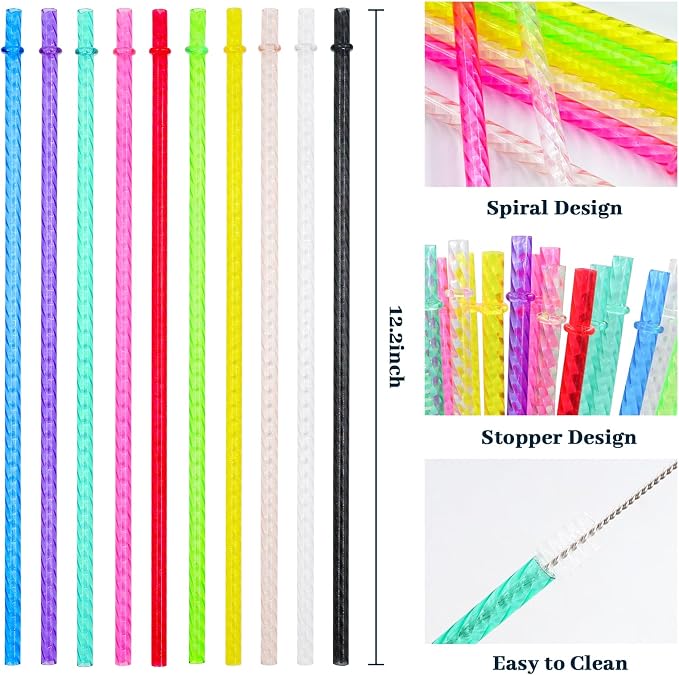 50PCS Reusable Straws with Cleaner Brush, 12.2" Long Colorful Clear Hard Plastic Swirl Drinking Straws for Stanley, YETI, Starbucks, Owala 30 oz 40 oz Tumblers, Jars, Cups