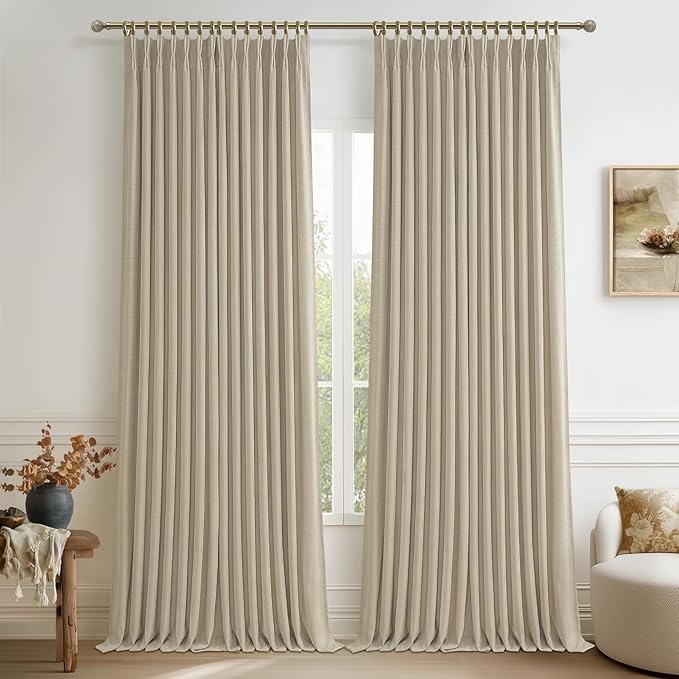 Floor to Ceiling Natural Linen Memory Trained Pinch Pleated Curtains 120 Inches Long 2 Panels for Sliding Glass Doors, Elegant Full Blackout Soundproof Viral Drapes Insulated Privacy for Dining Room