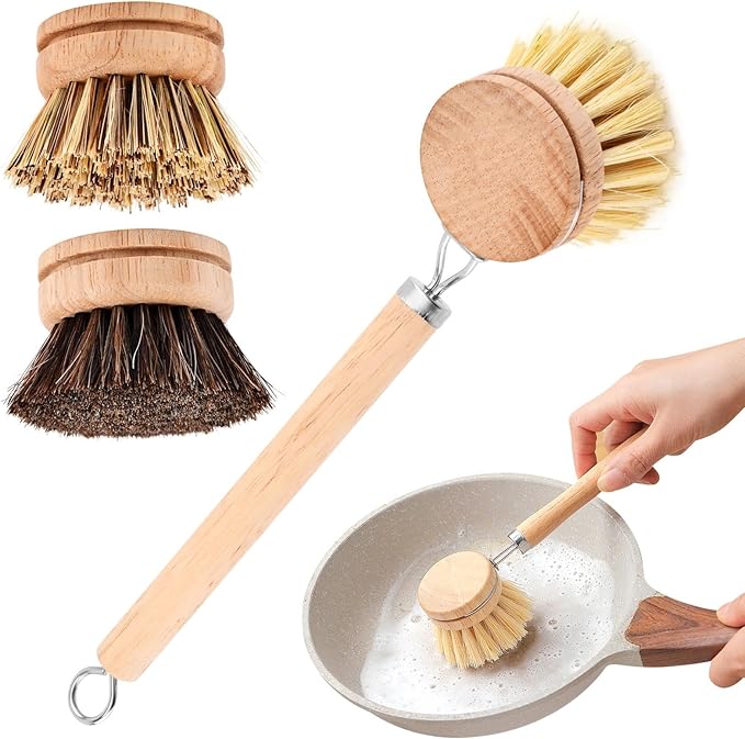 Bamboo Dish Brush with Handle, 3 Natural Bristle Heads (Horsehair, Sisal, Palm) Replaceable Heads, Wooden Dish Brush for Washing and Cleaning Pot Pan Bowl