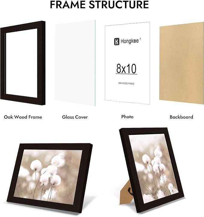 Hongkee 8x10 Oak Wood Picture Frame (1 Pack, Black) with Real Glass Cover | 8 x 10 Solid Wood Frame for Wall or Tabletop Display - Includes Easel Back, Vertical Hang - Ideal for Home, Office