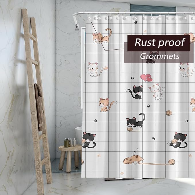 TIKABC Shower Curtain Liner, 4G PEVA Colorful Cat Shower Liner, Plastic Waterproof Shower Curtains, 72x72 inch with Grommet Holes 3 Magnetic Weights