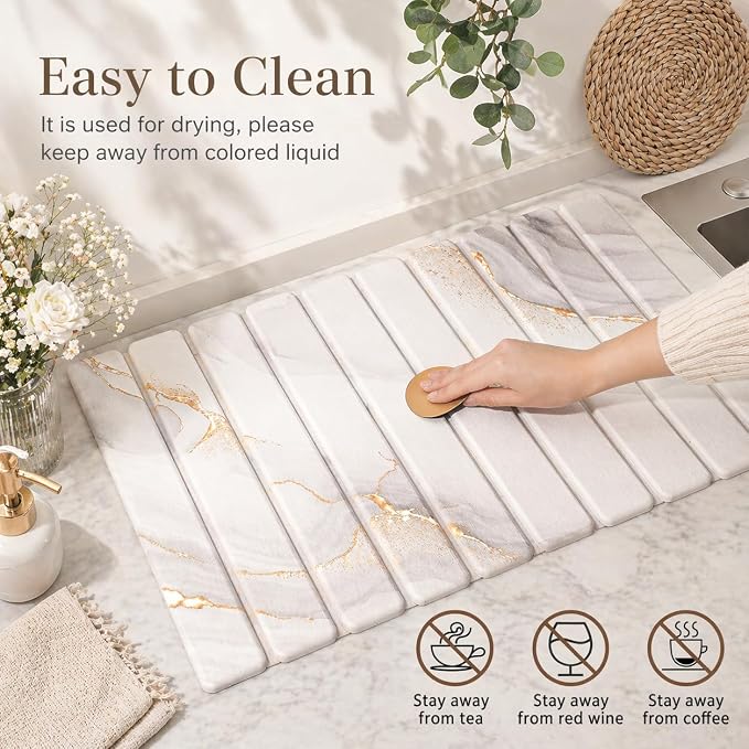 Diatomaceous Earth Dish Drying Mat for Kitchen Counter, Fast Drying Stone Dish Drying Mat with Non-Slip Feet for Dishes, Cups & Bathroom, Coffee Bar & Pet Bowls (White Gold, 16" x 12")
