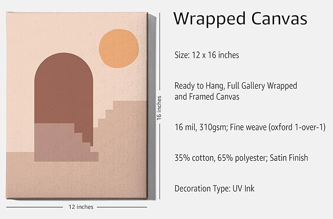 Abstract Architecture Wrapped Canvas Wall Art Archway Stairs Sun Geometric Earth Tones Terracotta 12x16 Inch Gallery Stretched Mid Century Modern Home Art