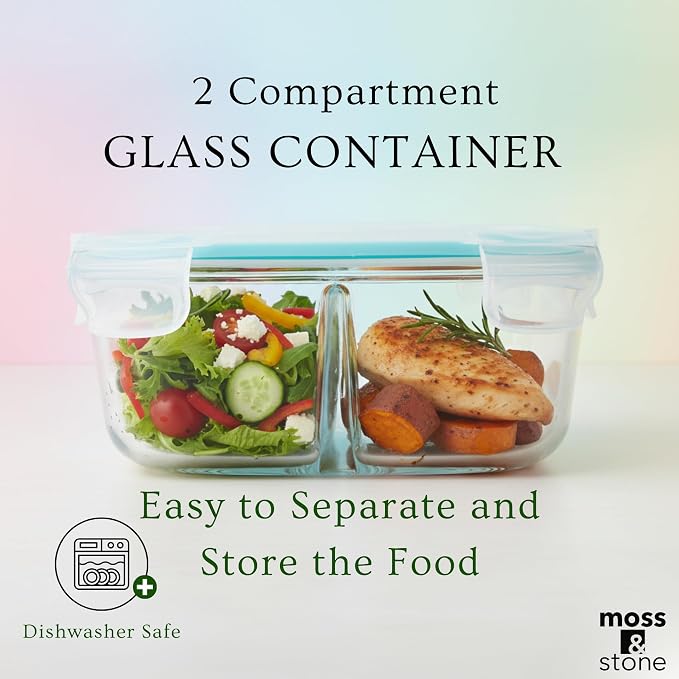 Moss & Stone 4-Pack Round Kitchen Glass Food Storage Containers Set with Lids – Reusable Glass Meal Prep Containers for Kitchen, Lunch or Fridge – Airtight Snap-Lock – Includes 1 Divided & 1 Standard