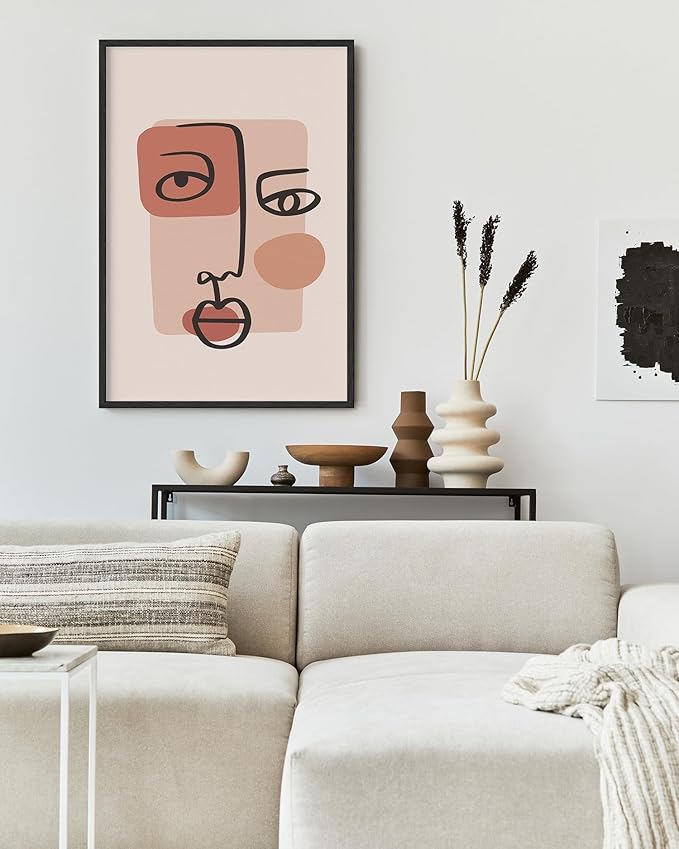 Abstract Face Wall Art Continuous Line Drawing Organic Shapes Earth Tones Terracotta Mid Century Modern 24x36 Inch Oak Wood Black Framed Minimalist Portrait for Bedroom Decor