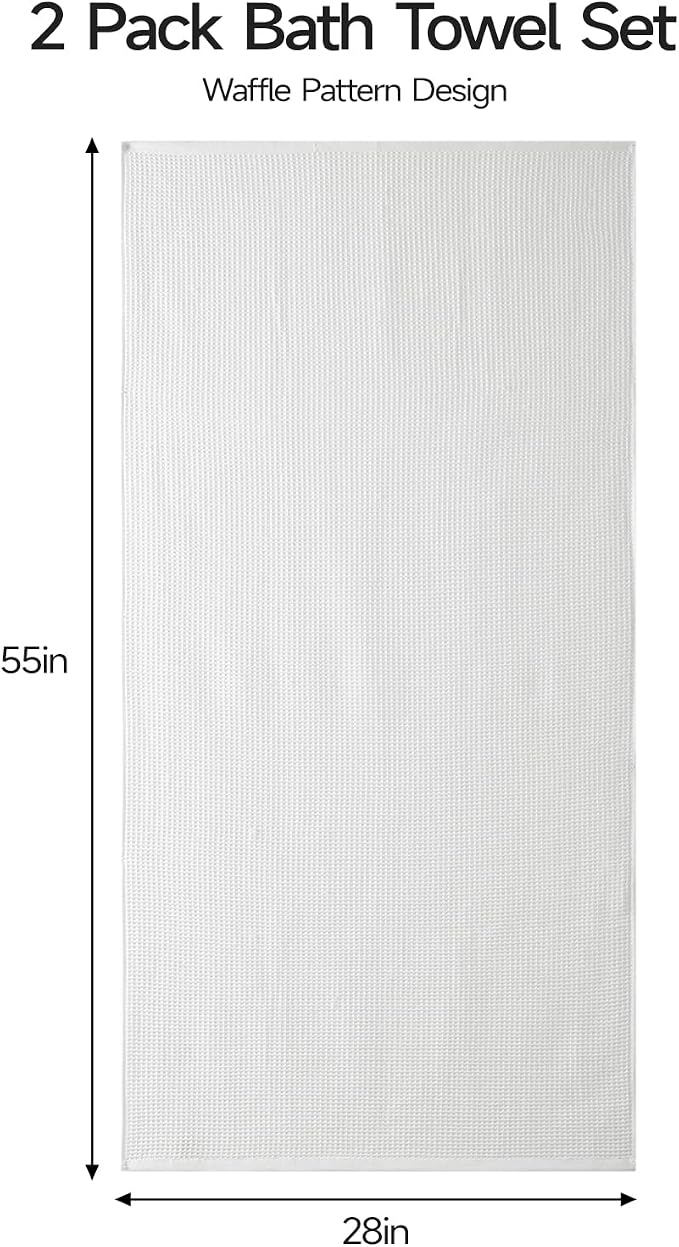 ecolook Waffle Bath Towel Set of 2, 100% Cotton Lightweight & Quick-Dry Bath Towels, Ultra-Absorbent and Breathable, Lint-Free Hotel & Spa Towels for the Bathroom, Gym, and Travel - White