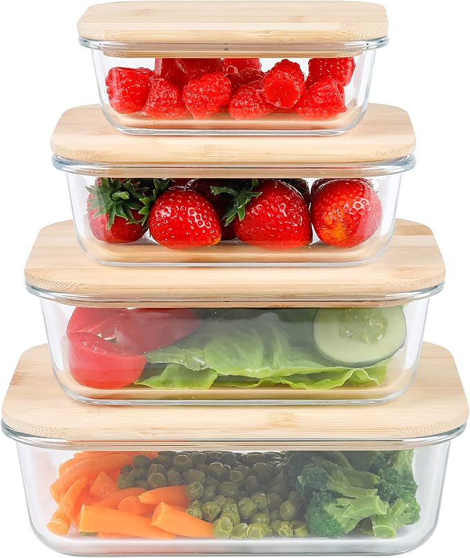 axentia Glass Food Storage Containers Set of 4 Transparent Wood