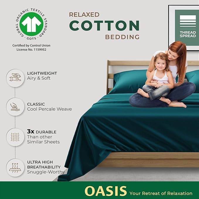 THREAD SPREAD 100% Organic Cotton Sheets Full Size - 4 PC Organic Cotton Full Size Percale Weave Sheet Set, Soft, Cooling, Crisp & Breathable, 16" Deep Pocket Hotel Quality Bedding Set - Teal
