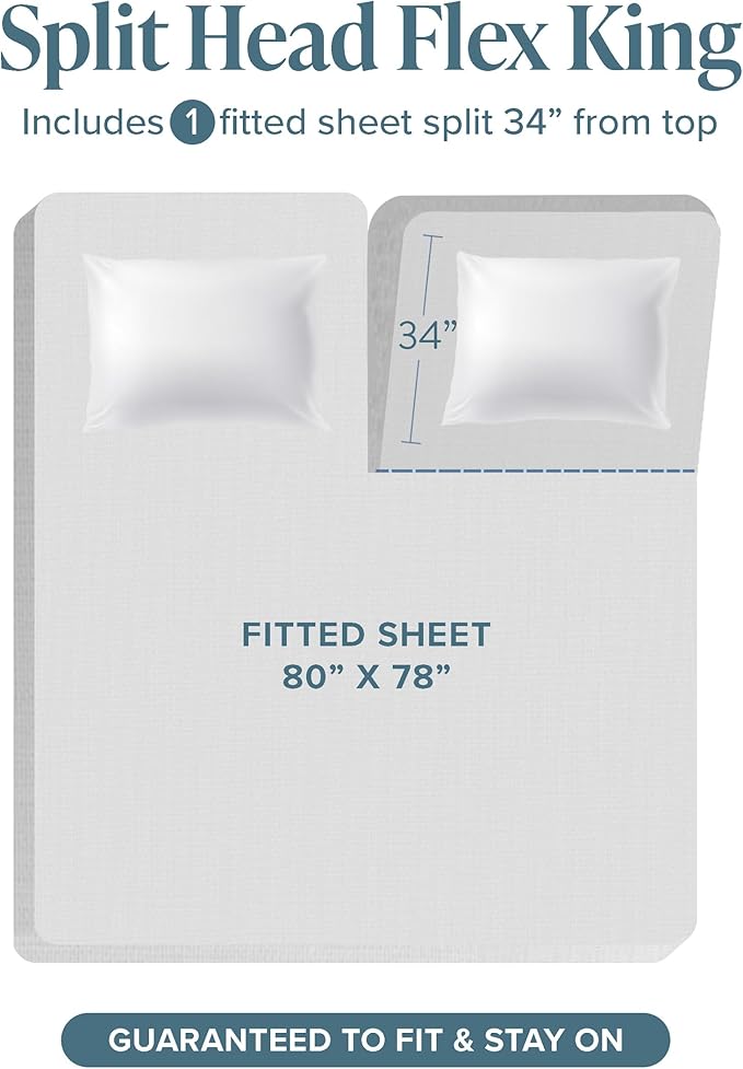 Bare Home 100% Organic Cotton Split Head Flex King Sheet Set - Crisp Percale Weave - Lightweight & Breathable - Bedding Sheets & Pillowcases (Split Head Flex King, Grey)