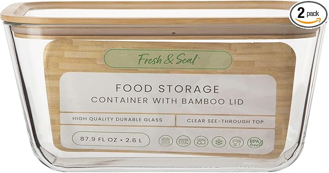 Glass Food Storage Container with Bamboo Lid Set of 2, 87.9 Oz Large Glass Meal Prep Container, Plastic-Free Kitchen Pantry Organization & Leftover Storage Bowl, BPA-Free