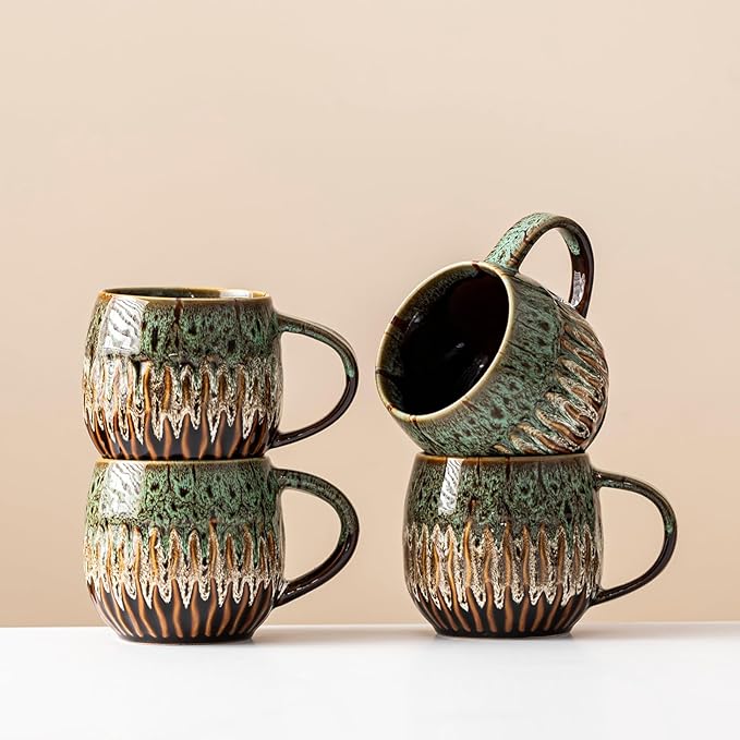 20oz Large Coffee Mug - Unique Handcrafted Look Ceramic Cup, Large Tea Mug, Microwave & Dishwasher Safe (green,Set of 4)