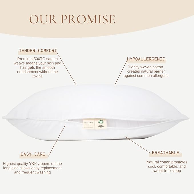 Makemake Organics Organic Body Pillow Case Zippered (Pack of 1) GOTS Certified Organic Cotton Body Pillow Protector Zippered Breathable Non Toxic Barrier (20x54, Bright White)