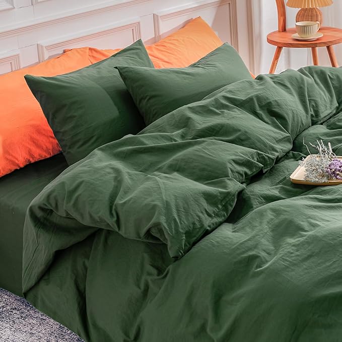 NEXHOME PRO Duvet Cover Set 100% Washed Cotton Full Size Linen Feel Textured Organic Natural 3 Pieces Bedding Set with Zipper Closure and Corner Ties, Breathable, Soft (Forest Green, No Comforter)