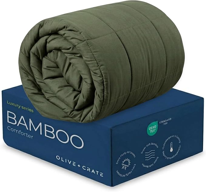 Olive + Crate Cooling Down Alternative Comforter - Hypoallergenic Queen Size Duvet Insert Lightweight - All Seasons Plush Design Bamboo Comforter - 100% Bamboo Viscose Outer Cover - Moss 88"x90"