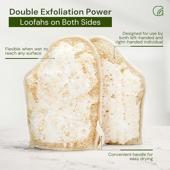 Chill Ah Green Glow Dual-Sided Loofah Bath Mitts (2-Pack) – 100% Plant-Based, Dye-Free, Biodegradable, Handcrafted in Vietnam – Natural Exfoliating Gloves for Glowing Skin
