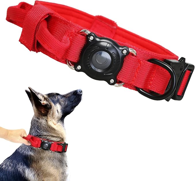 Upgraded AirTag Dog Collar,Waterproof Tactical Dog Collar with AirTag Holder, Control Handle and Metal Buckle,Heavy Duty Dog Collars for Large Dogs(Red，XXL