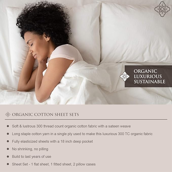 Bioweaves 100% Organic Cotton Sheets, 300 Thread Count 4-Piece GOTS Certified Bed Sheet Set Fits Mattress Upto 17" Deep Pocket, Soft & Silky Sateen Weave (Full, Pastel Green)