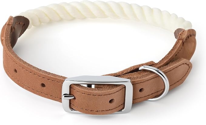 Mile High Life Genuine Leather Dog Collar, Durable Braided Cotton Rope Collar with Metal Pin Buckle for Small Medium Large Dogs (Cream, L Neck 17"-21")