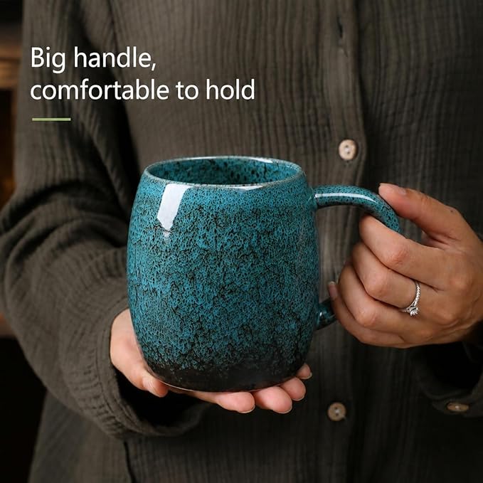 21oz Large Handmade ceramic Mug, Big Ceramic Tea Cup, Durable and Heavy Microwave and Dishwasher Safe Pottery Coffee Mug with Handle, Reactive Glaze Stoneware Clay coffee mug (Blue Reative Glaze)