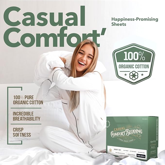 TEXAS LINEN CO. 100% Organic Cotton Percale Sheets Twin XL Size Pack or 2 - Soft & Crisp Organic Cotton Sheets Twin XL Size (6 PC, White), Dorm Room Percale Weave Bed Sheet Set, GOTS Certified