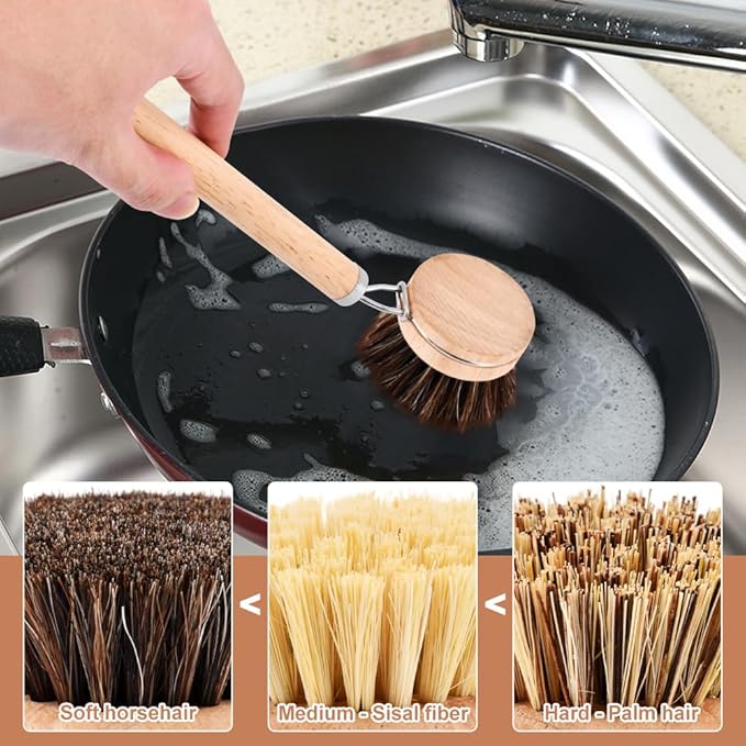 Bamboo Dish Brush with Handle - 3 Replacement Heads, Soft Bristles Kitchen Brush, Bamboo Dish Scrubber for Dishes Vegetable, Pots and Pans, Kitchen Utensils(Color:Wood)