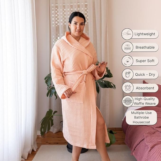 Unisex Hooded Waffle Robe for Women & Men 100% Turkish Cotton | Quick-Dry Bathrobe | Cozy Housecoat for Lounging