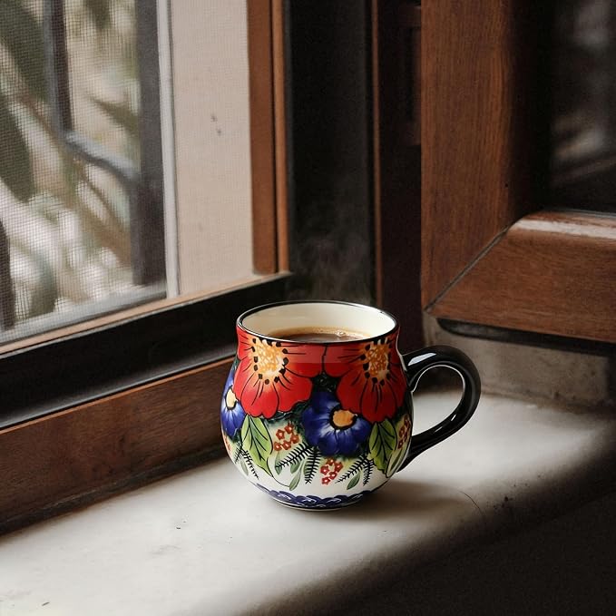 ALMA 12oz Handmade Floral Ceramic Coffee Cup | Microwave & Dishwasher Safe, For Home Office Cabinet Travel, Workspace Remote Workers & Girls