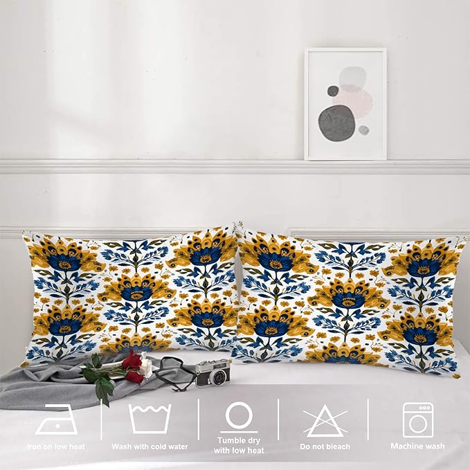 Shrahala Folk Art Floral Motifs Pillowcases, Blue Yellow Floral Pattern Lumbar Pillow Cover Decorative Blended Double-Sided No Inserts for Bedroom Sofa Living Room Set of 2 (26 x 20 in)