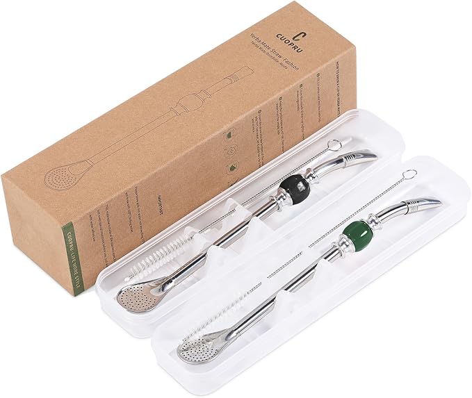 CUOPRU Yerba Mate Bombillas Set - Included Mate Gourd Stainless Steel Straws with Straw Case, Removable Head Filter, Colorful Bead, Cleaning Brush (Black and Green)