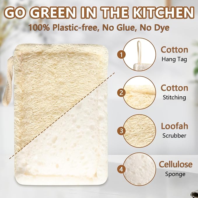 6 Pack Natural Loofah Dish Sponge, 100% Biodegradable Compostable Dishwashing Kitchen Dish Sponges with Cotton Hanging Loop for Kitchen, Bathroom, Household