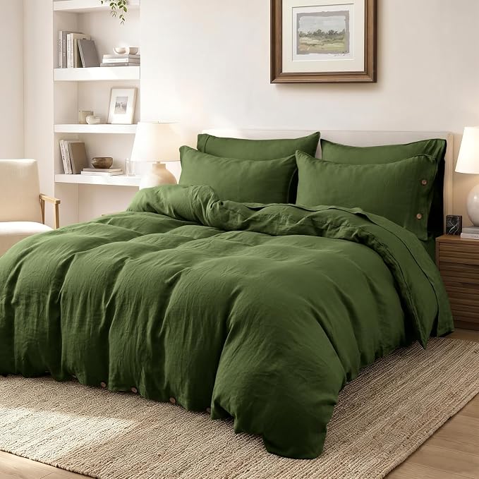 S VICTORY SYMBOL 100% Organic Linen Duvet Cover Set Queen Size,Natural French Washed Flax Bedding Set 3PCS(1 Duvet Cover and 2 Pillowcases) with Coconut Button Closure,Juniper Green