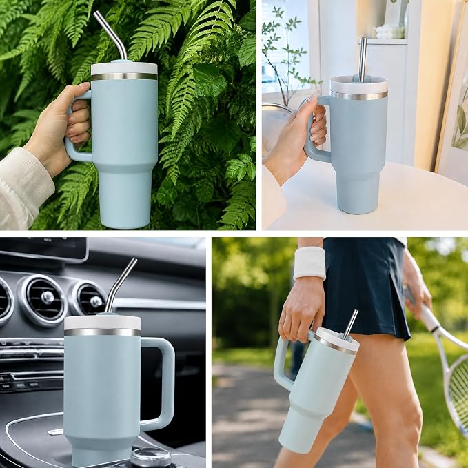 6 Pack Metal Straws for Stanley 40 oz Tumbler, Stainless Steel Reusable Replacement Straws with Cleaning Brush & Storage Bag Compatible for Stanley Quencher 40oz Cup (3x Straight & 3x Bent)