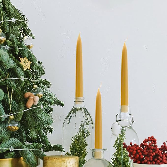 8 inch Natural Beeswax Taper Candles Set of 2, DEYBBY Smokeless and Dripless Organic Natural Beeswax Candles for Home Dinner Decor Emergency Housewarming Gift, Long Lasting Burning, Nontoxic