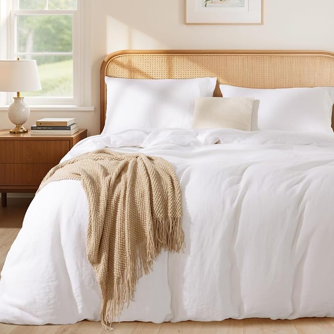 LBRO2M 100% France Linen Duvet Cover Set 3 Pcs Including 1 Flax Comforter Cover with Zipper Closure, 2 Pillowcase, Cozy Duvet Cover California King Size, White
