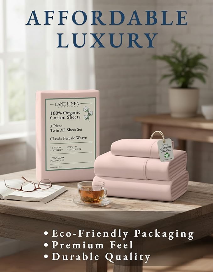 LANE LINEN 100% Organic Cotton Twin XL Bed Sheets Set, Machine Wash Fully Elasticized Twin XL Sheet Sets, Luxury Hotel Percale Bedding Sheet & Pillowcases, Soft & Comfy -Sepia Rose