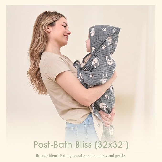 Ultra-Soft Muslin Baby Towel - 32 x 32 Inches, Ideal for Bath & Beach, Suitable for Both Boys & Girls from Newborns to Toddlers (Navy Blue Bunny)