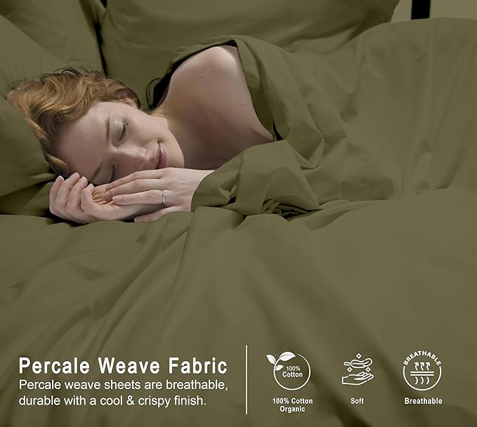 RUVANTI 100% Cotton Organic Percale Sheets Twin XL Size – Crisp Cooling Bed Sheets for Hot Sleepers, Deep Pocket 15”, Soft Peach Finish, Breathable & Durable Hotel-Style 3 Pcs, Olive