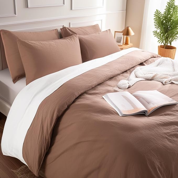 NEXHOME PRO Duvet Cover Set 100% Washed Cotton Super King 108"x98", Organic Natural Linen Look Textured 3 Pieces Bedding Set Mocha Brown with Zipper Closure, Breathable (No Comforter)