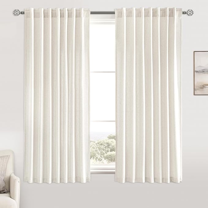 MIULEE Non-See-Through Privacy Linen Curtains 2 Panels, Light Filtering Window Curtains Farnhouse Textured Back Tab Semi Sheer Drapes for Bedroom Living Room, 52 x 60 Inches Long, Natural White