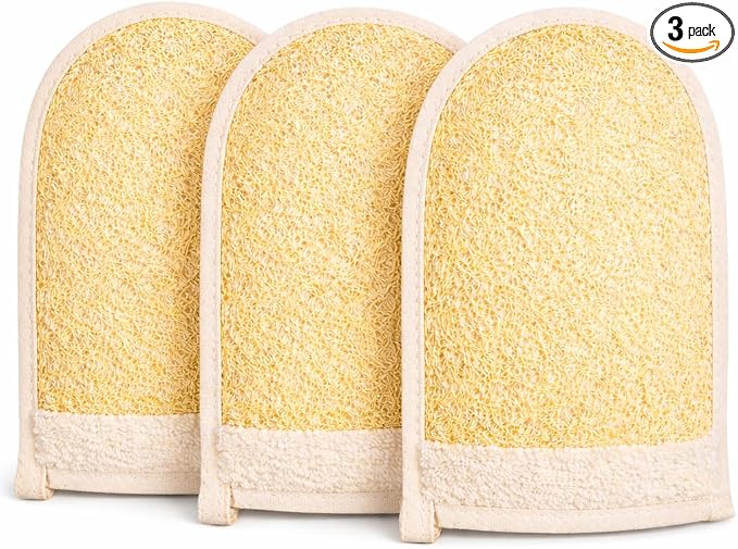 Egyptian Loofah Sponge, Large Double-Sided Exfoliating Mitt | Natural Wearable Shower Gloves With Soft And Firm Textures For Deep Body Scrubbing (3 Count)