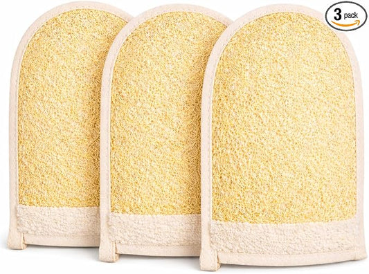 Egyptian Loofah Sponge, Large Double-Sided Exfoliating Mitt | Natural Wearable Shower Gloves With Soft And Firm Textures For Deep Body Scrubbing (3 Count)