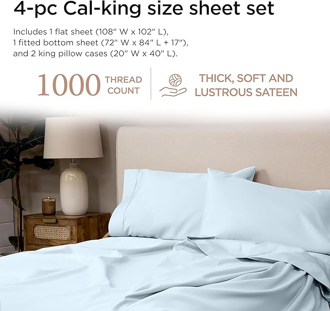 Threadmill California King Sheets, Certified American Supima Cotton Sheets, 1000 Thread Count Hotel Quality Sheet, 4 Piece Luxury Bed Sheet Set with Elasticized Extra Deep Pocket, Light Blue