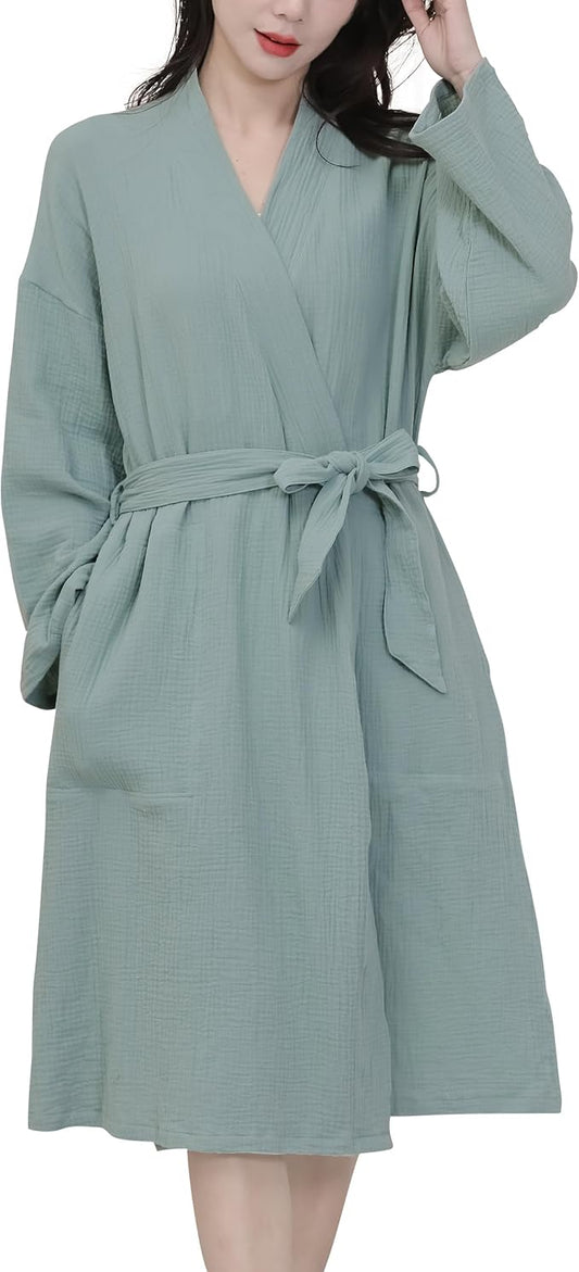 Women's Organic Cotton Bathrobe Long Sleeve Nightgowns Lightweight Waist-Tie Bath Robe for Home Spa Muslin Cotton Beach Wear