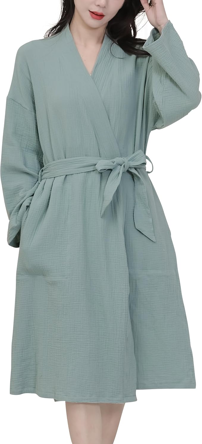 Women's Organic Cotton Bathrobe Long Sleeve Nightgowns Lightweight Waist-Tie Bath Robe for Home Spa Muslin Cotton Beach Wear