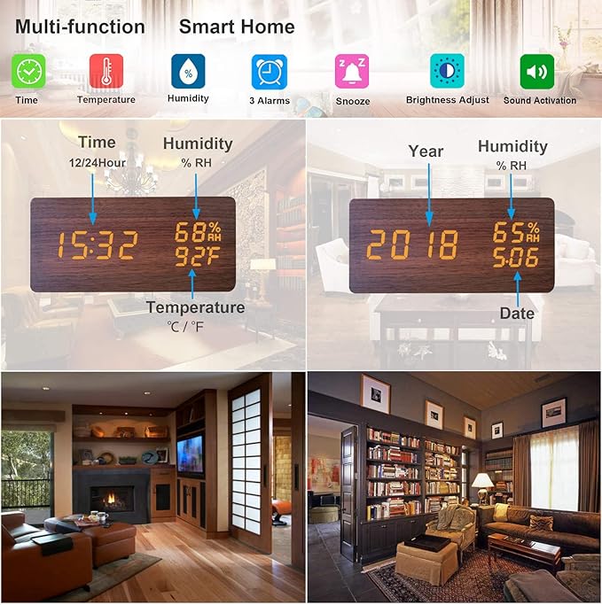 Alarm Clock for Bedside Modern Wood Digital Clock Snooze LED Desk Clock Display Time Temperature Humidity Brightness Adjustable for Home Kids Bedroom Office(Brown)