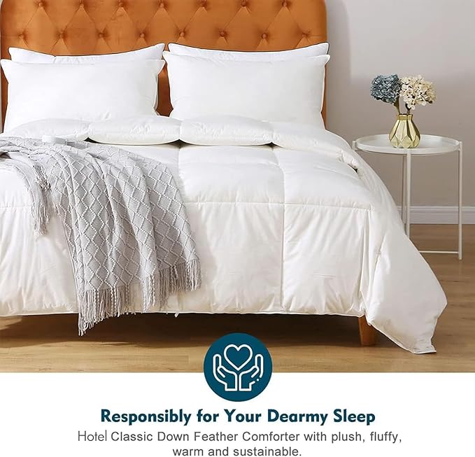 Feathers Down Comforter King - Organic Cotton Quilted Medium Warm All Seasons Duvet Insert or Stand-Alone Comforter (106x90, Ivory White)